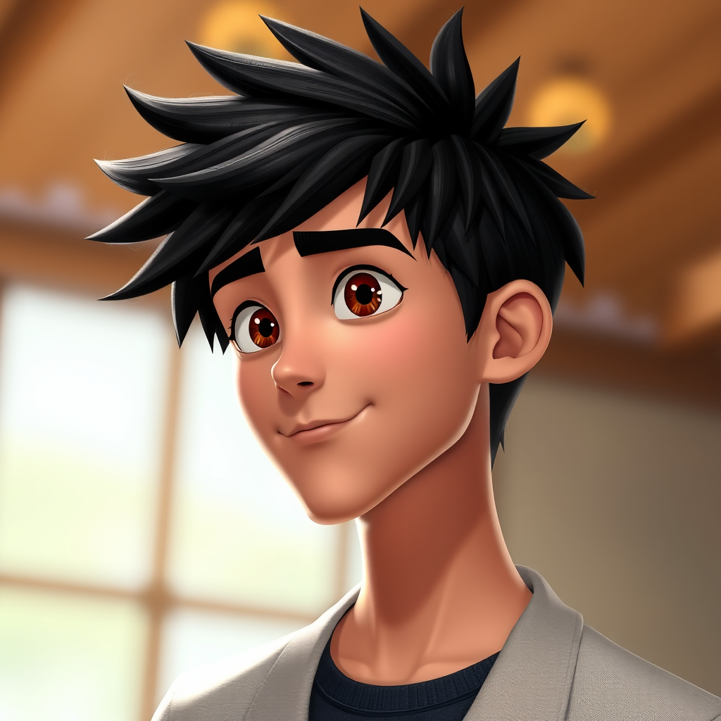 19-year-old male, black hair that sticks up, brown eyes, animated, Pixar-style, Disney style