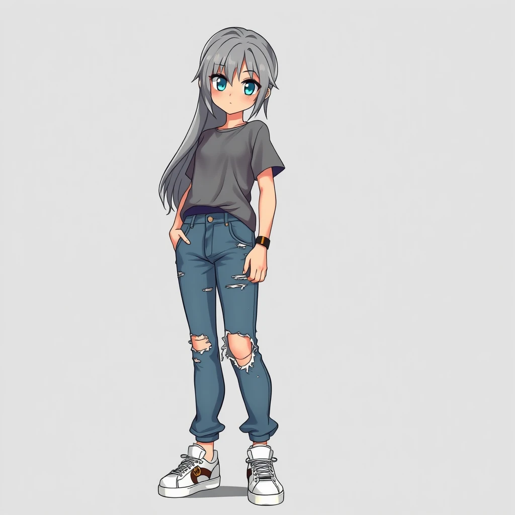 A teenage woman in a grey T-shirt, torn jeans, and Gucci sneakers. Appearance: cool gray hair and large blue eyes, arrogant look. Anime. Full length. - Image