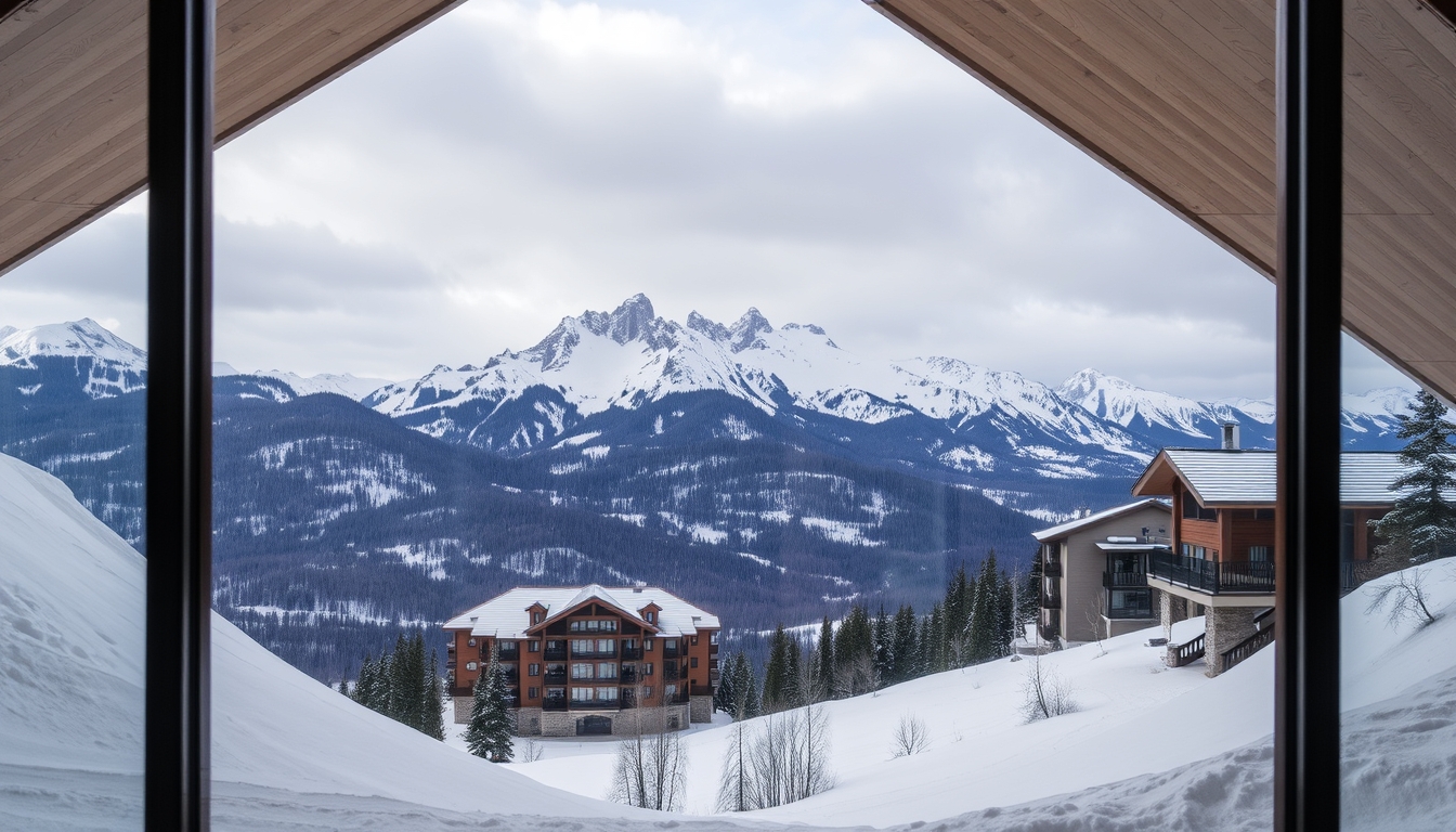 A dramatic mountain landscape viewed through the glass walls of a ski lodge.