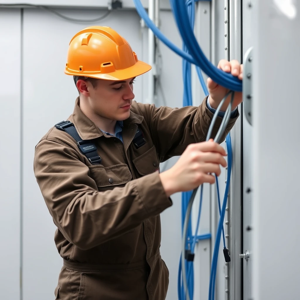 An engineer in overalls with the inscription Rostelecom is connecting an optical cable.