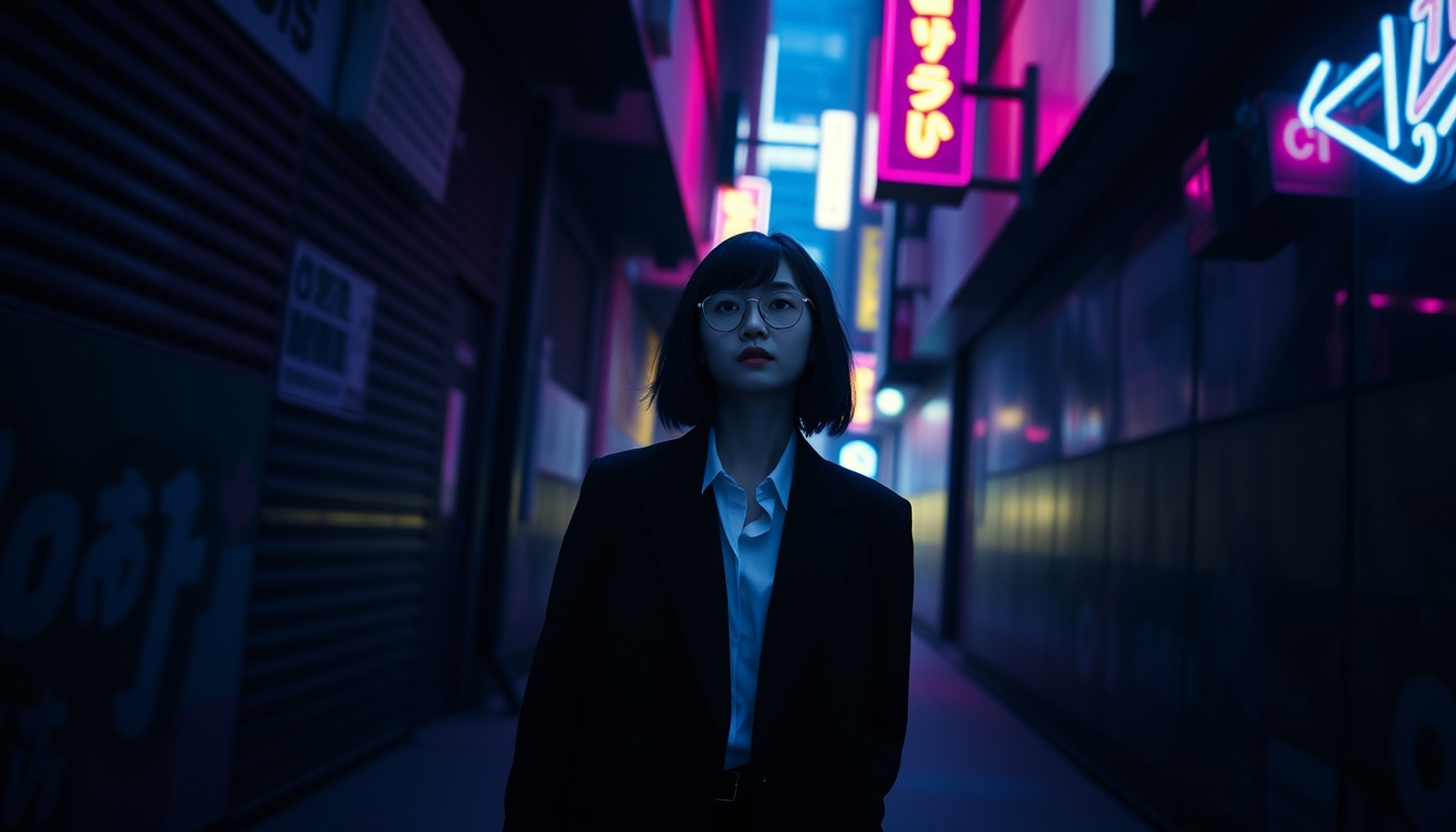 masterpiece, best quality, very aesthetic, absurdres  
wlop minimalism  
cinematic lighting  
1 girl, aged up  
walking in the alley, black suit, white collar shirt  
perspective from above  
cyberpunk, neon - Image