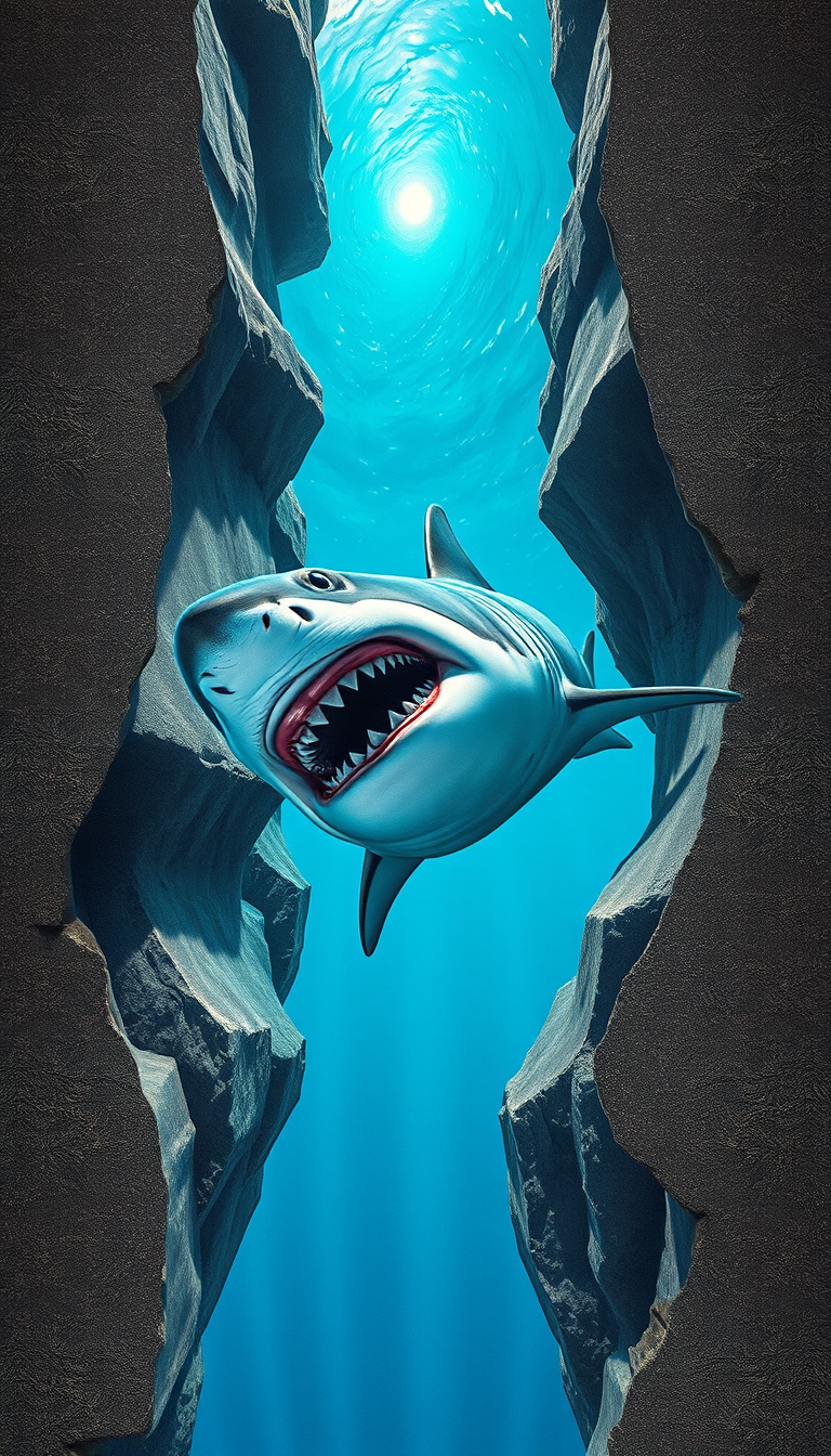 anamorphosis, 3d painting on asphalt, a large deep rift with [a shark in the depths of the ocean], maximum detail, clarity, 8k - Image