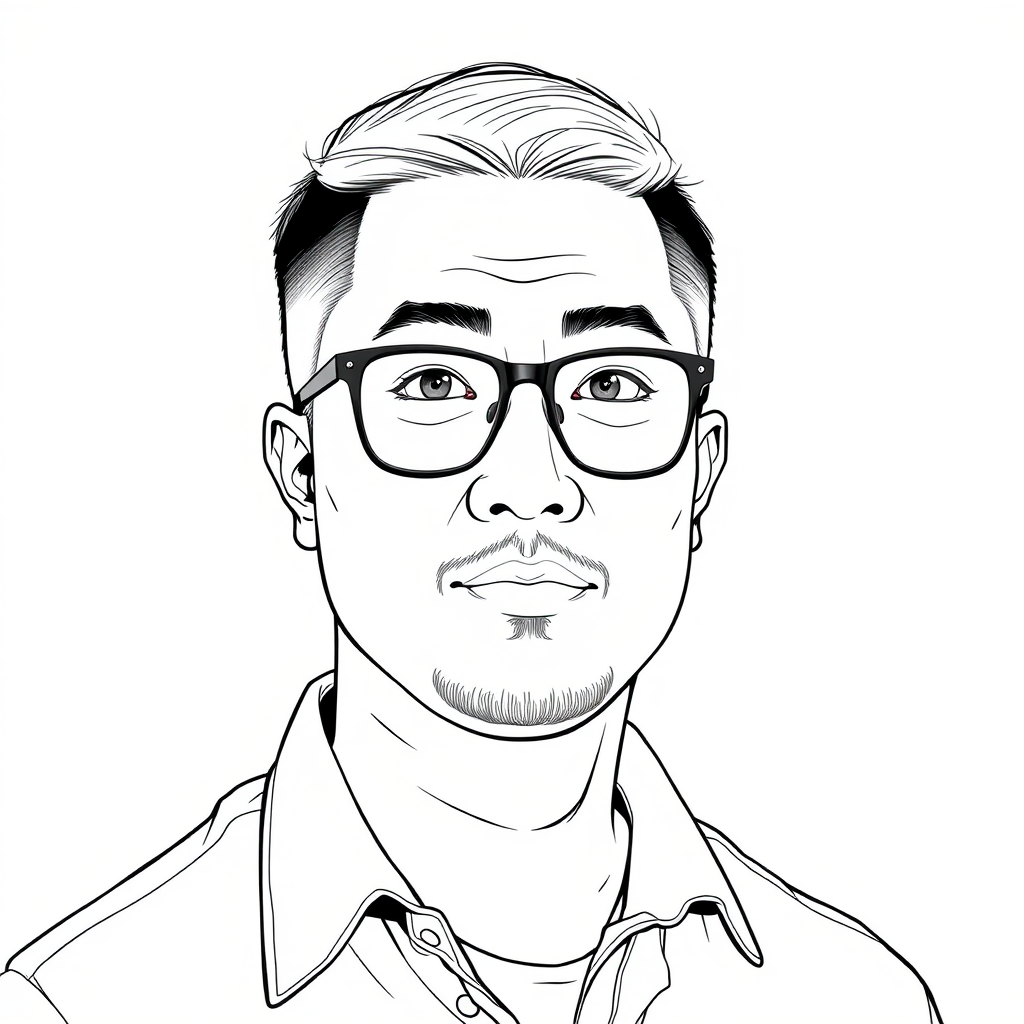 A cool black and white line drawing of a man around 35 years old, with short crew cut hair, Asian descent, wearing black rimmed glasses for nearsightedness, a slightly short beard on his chin, a shirt, a full face, clean and fresh skin, with a slightly plump physique. - Image