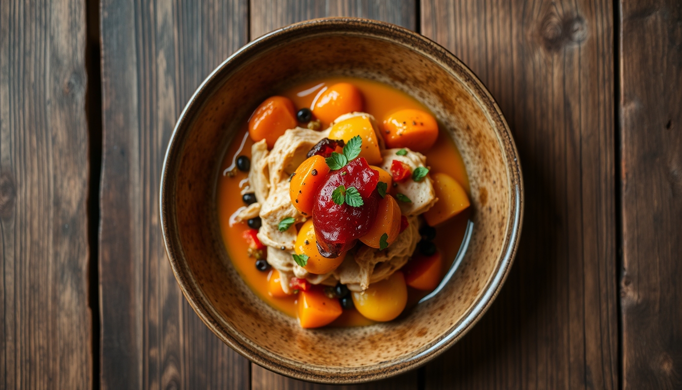 A top-down view of a beautifully arranged gourmet dish, with vibrant colors and textures, placed on a rustic wooden table, highlighting the artistry of food. - Image