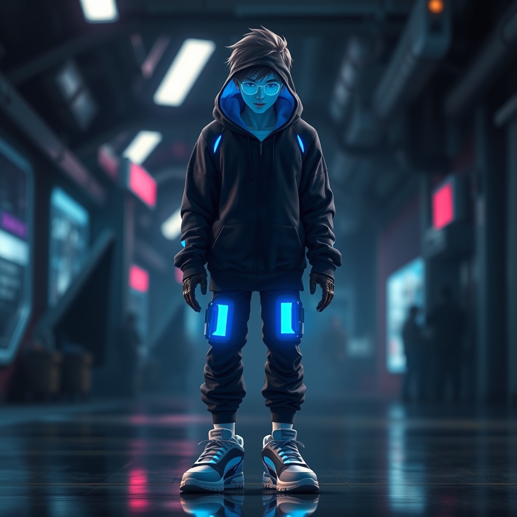 Realistic, futuristic character with glowing blue accents, wearing a hoodie and sneakers, in a dramatic sci-fi movie scene with dynamic lighting and a blurred background, no text.