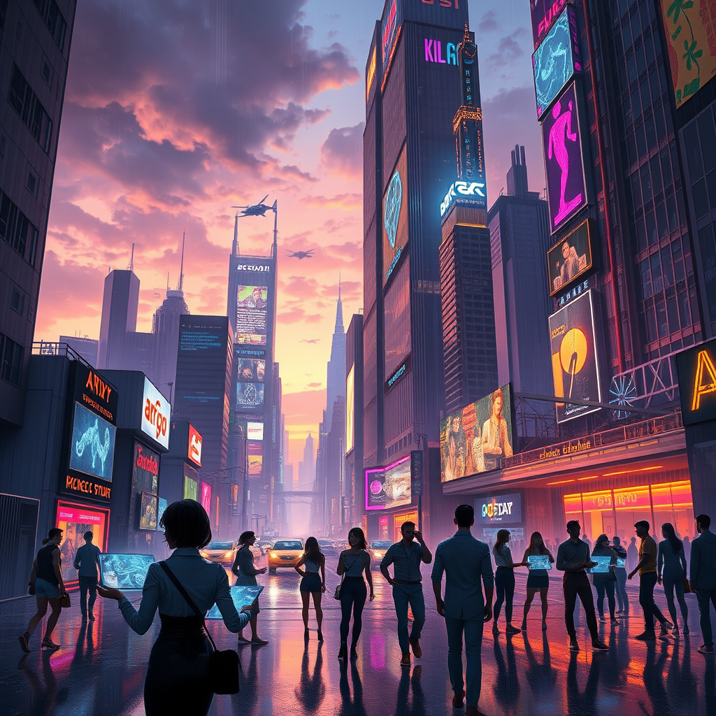 Create a detailed and vibrant image of a futuristic cityscape at dusk. The scene should feature towering skyscrapers adorned with holographic advertisements and neon lights, casting colorful reflections onto rain-soaked streets. The sky is a blend of deep purples and oranges, with scattered clouds. Flying cars zip between the buildings, leaving light trails in their wake. In the foreground, a diverse group of people, dressed in sleek, futuristic clothing, interact with holographic interfaces. The atmosphere is a mix of energetic and mysterious, with dynamic lighting and shadow play adding depth to the scene. - Image