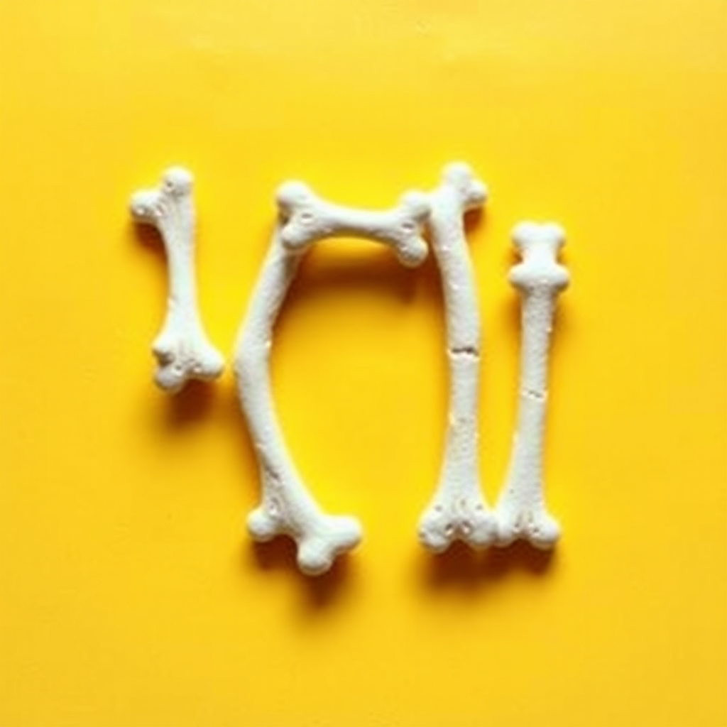 A letter "H" made of bones, yellow background, realistic photograph - Image