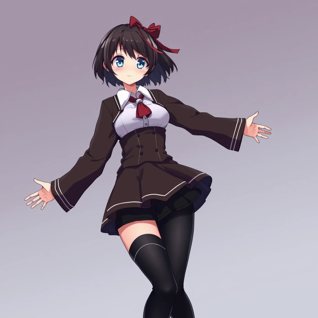 Japanese animation female character wearing black stockings and open arms.