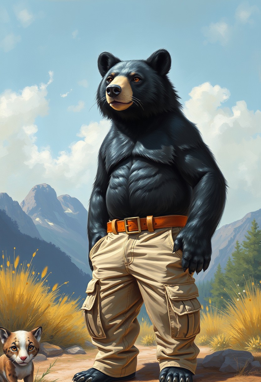 Painting of an anthropomorphic black bear and cougar hybrid wearing cargo pants in the summer.