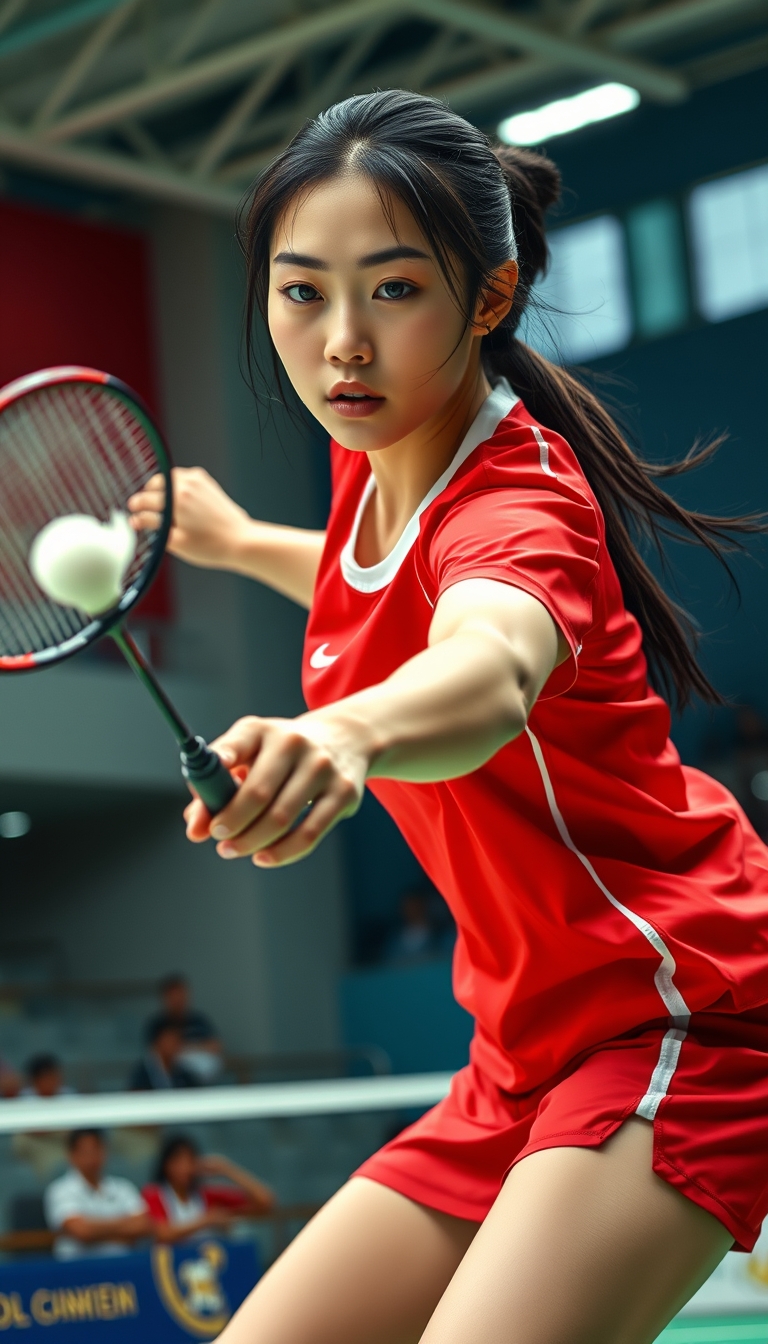 A detailed, realistic portrait of a young woman playing badminton in an indoor sports arena. The woman is wearing a bright red jersey and is mid-swing, her body in a dynamic, athletic pose as she focuses intently on the shuttlecock. The background is blurred, with glimpses of the court, net, and spectator stands visible. The lighting is natural and directional, creating shadows and highlights that accentuate the woman's features and muscular definition. The overall composition conveys a sense of energy, movement, and the intensity of the game. The image is highly detailed, with a photorealistic quality that captures the textures of the woman's clothing, skin, and the badminton equipment. A woman with a beautiful face like a Japanese idol. - Image