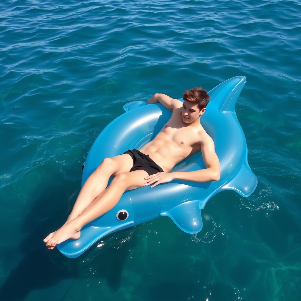 Teen lounging on a transparent blue inflatable dolphin float in the sea, he touches the water. - Image