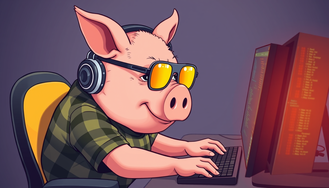 A tech-savvy pig coder, wearing yellow-tinted glasses and sleek noise-canceling headphones, hunches over a cutting-edge multi-monitor setup. The anthropomorphic pig exudes focus, typing furiously while dressed in a plaid t-shirt.