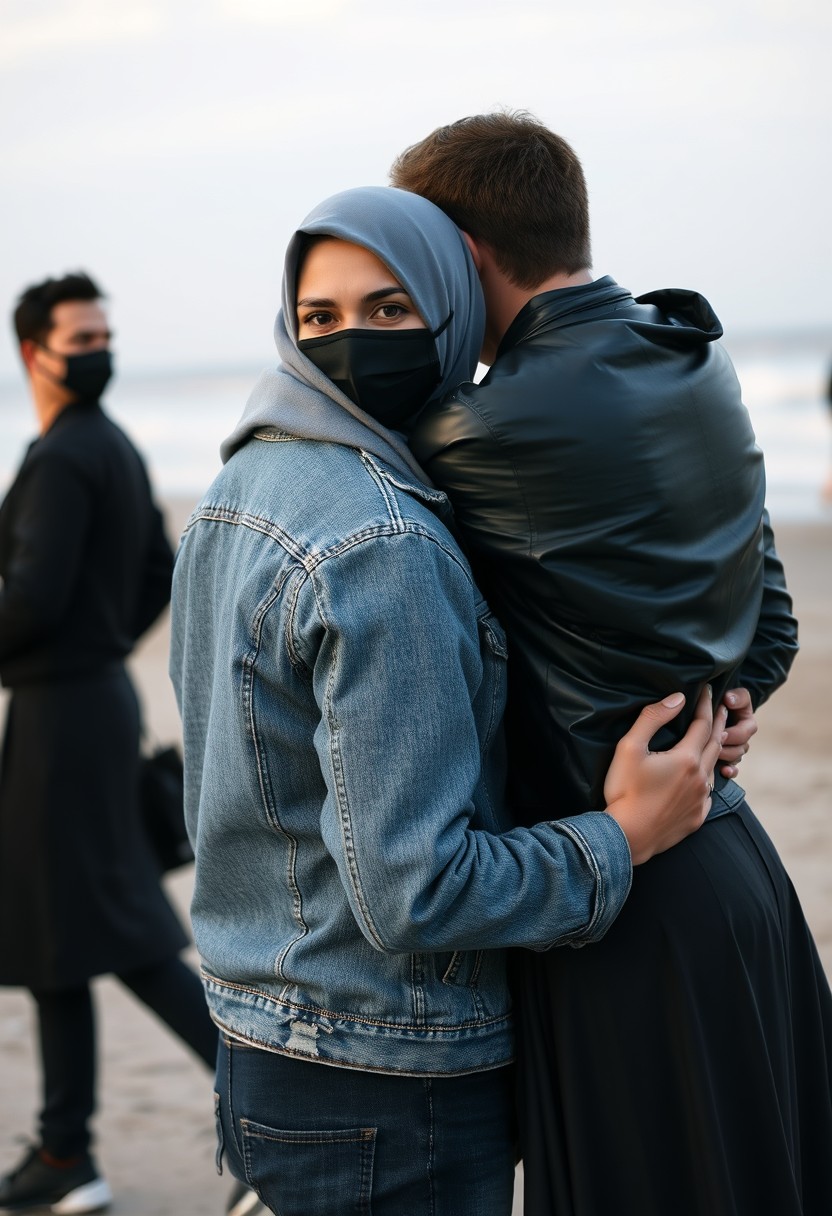 Jamie Dornan's head and body shot, handsome, black face mask, denim jacket, jeans, dating, love couple, hugging from behind, with the biggest grey hijab Muslim girl, black face mask, beautiful eyes, black leather jacket, largest skirt, at the beach, hyper-realistic, street photography, selfie.