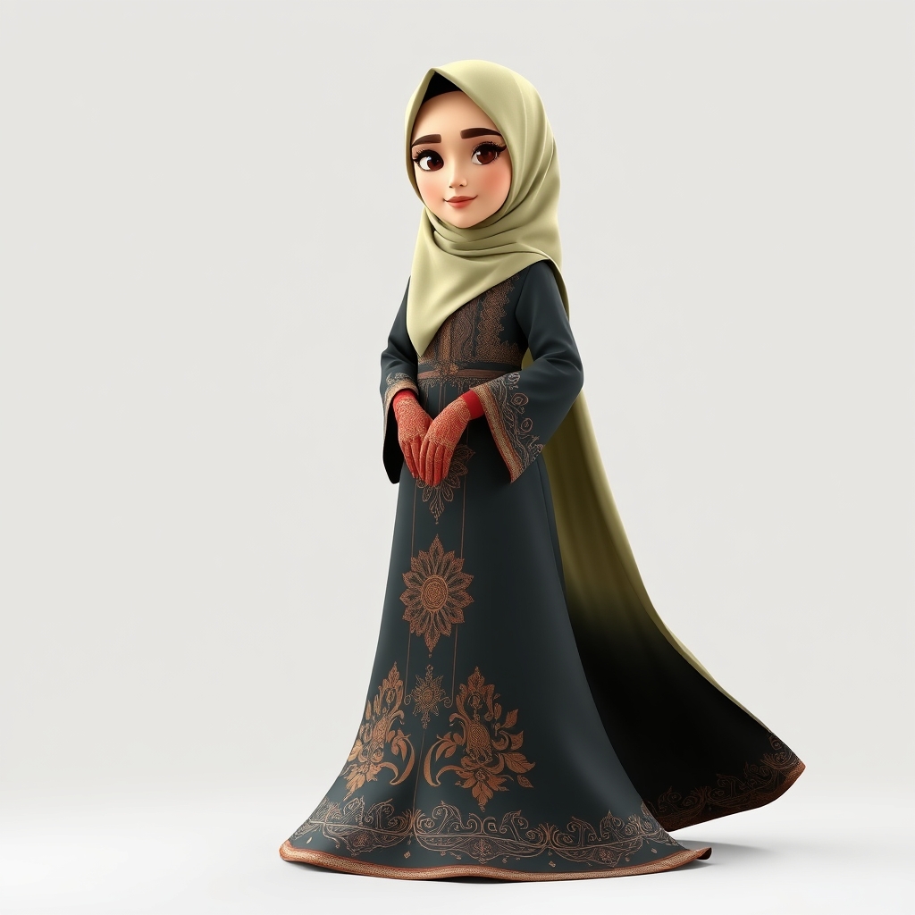 "Create a 3D, 8K animated cartoon of a Muslim woman from Palembang wearing a long traditional songket dress. She should have her hands covered with batik gloves. The image should capture the elegance and cultural richness of the attire." - Image