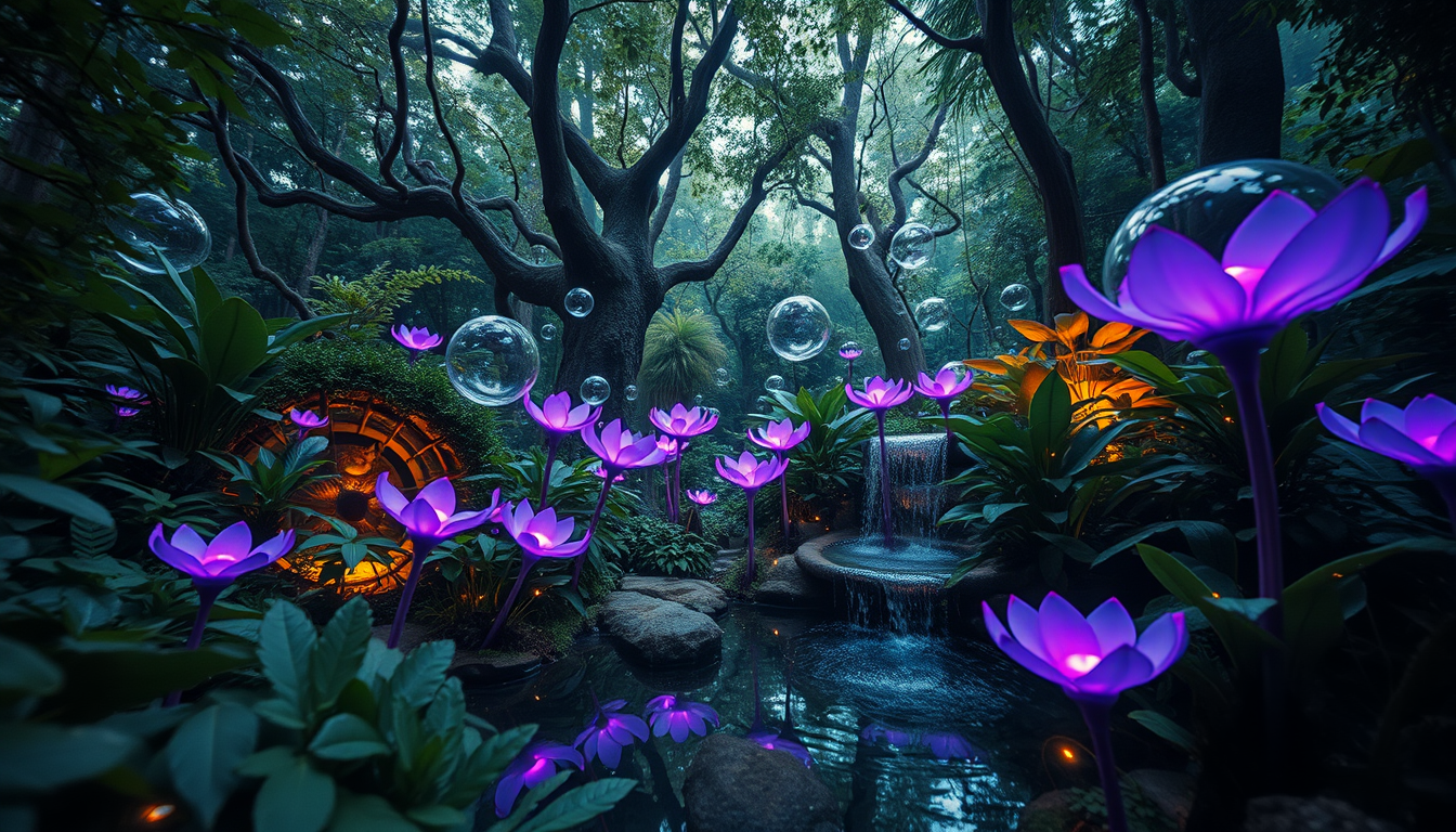 An eye-level, wide-angle shot of a fantasy forest with many lush greens and bioluminescent purple and blue alien flowers in strange shapes unseen on earth, like a scene from Avatar. There are also many giant transparent reflective bubbles drifting slow and steady, adding calmness to the scene. The focus is on those unreal colors of those bioluminescent plants and a water feature, all looking completely alien. The mood is serene and meditative, perfect for quiet contemplation.