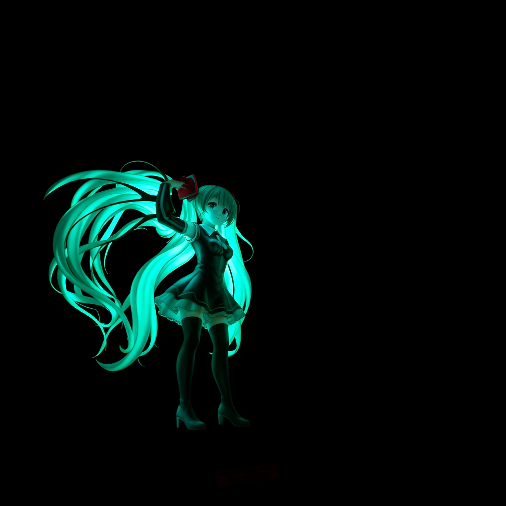 A statue in a dark background. The statue is a Hatsune Miku. - Image