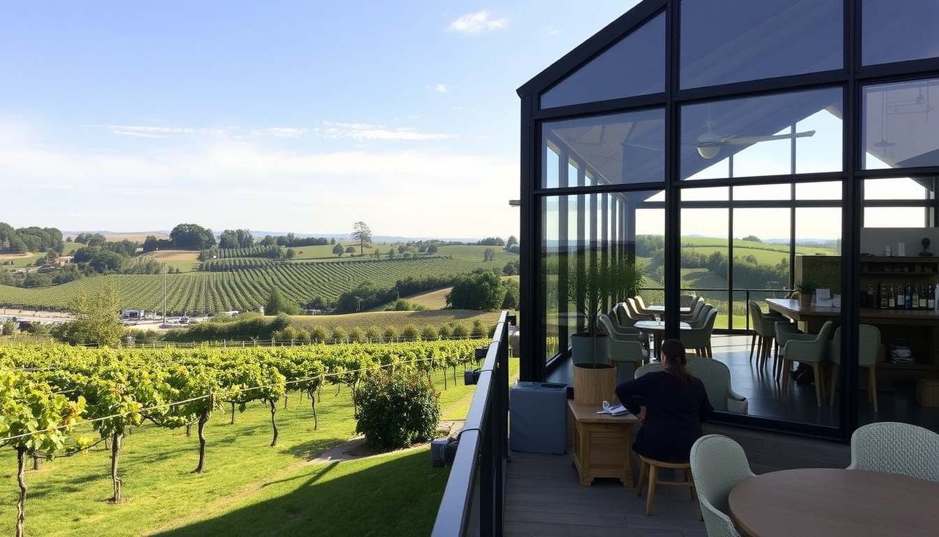 A picturesque vineyard with a glass-walled tasting room overlooking the grapevines.