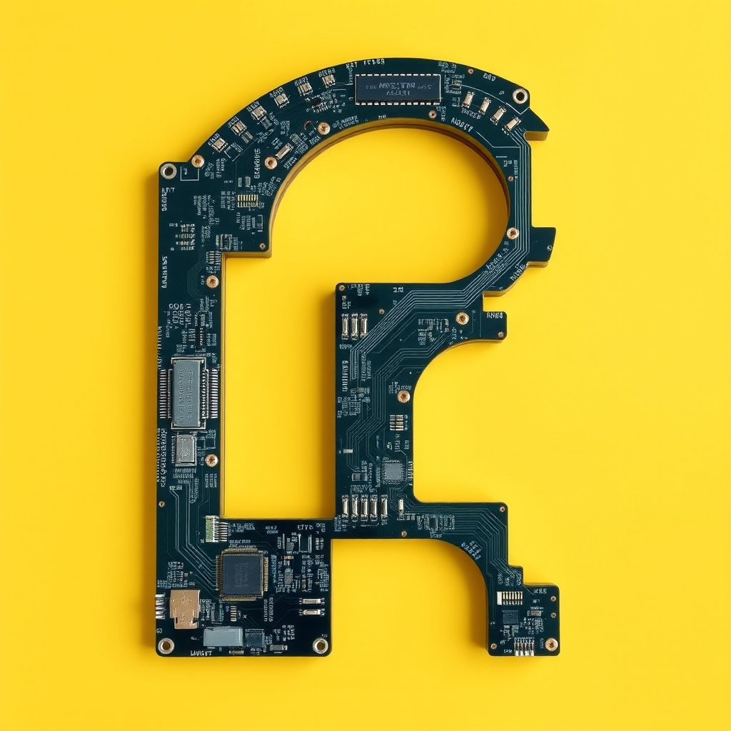 A letter "I" made of a computer motherboard, yellow background, realistic photograph. - Image