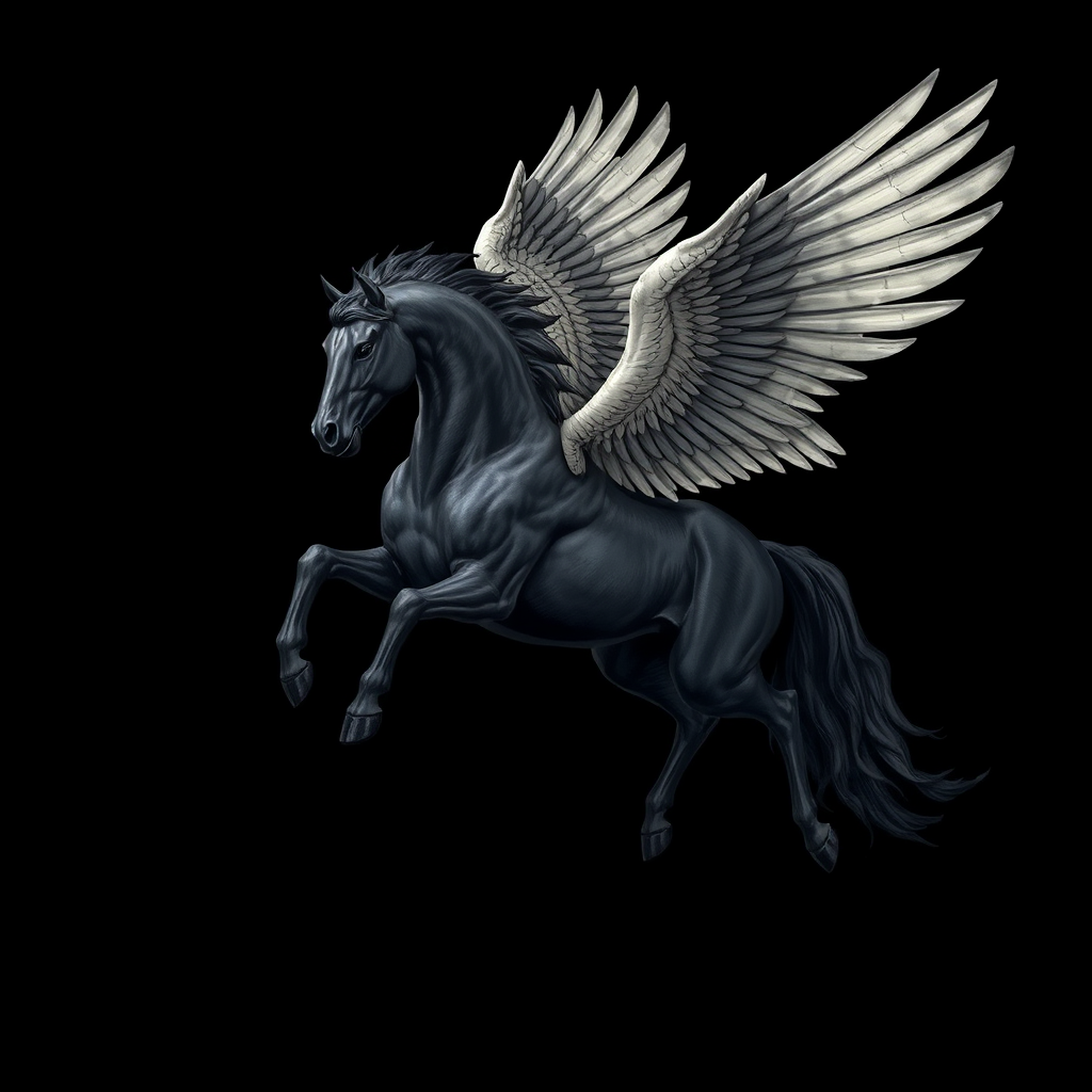 "A flying black Pegasus. White bones are exposed." - Image