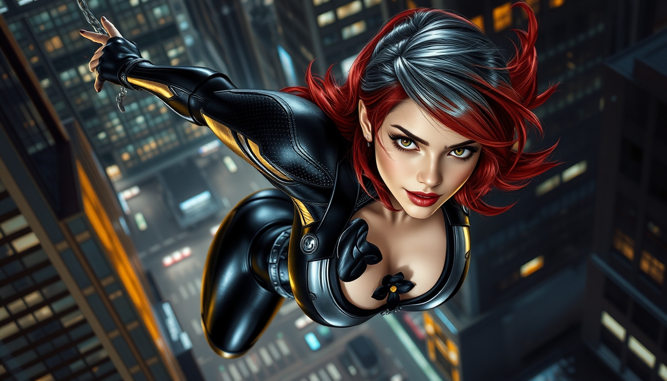 redhead with grey streak in her hair, a black and silver metallic spandex outfit with a black orchid embedded on her chest, swinging through the city at night - Image