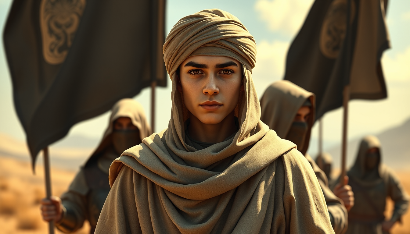 Digital illustration of a young Muslim commander wearing modest biblical cloak and turban, standing behind great Muslim warriors with a leader's expression. The medieval Muslim warriors are covered in veils and holding black banners, guarding him in open land. Ambient occlusion, minimal textures, raw filter, skin retouched, dodge and burn effect, highlighting shader.