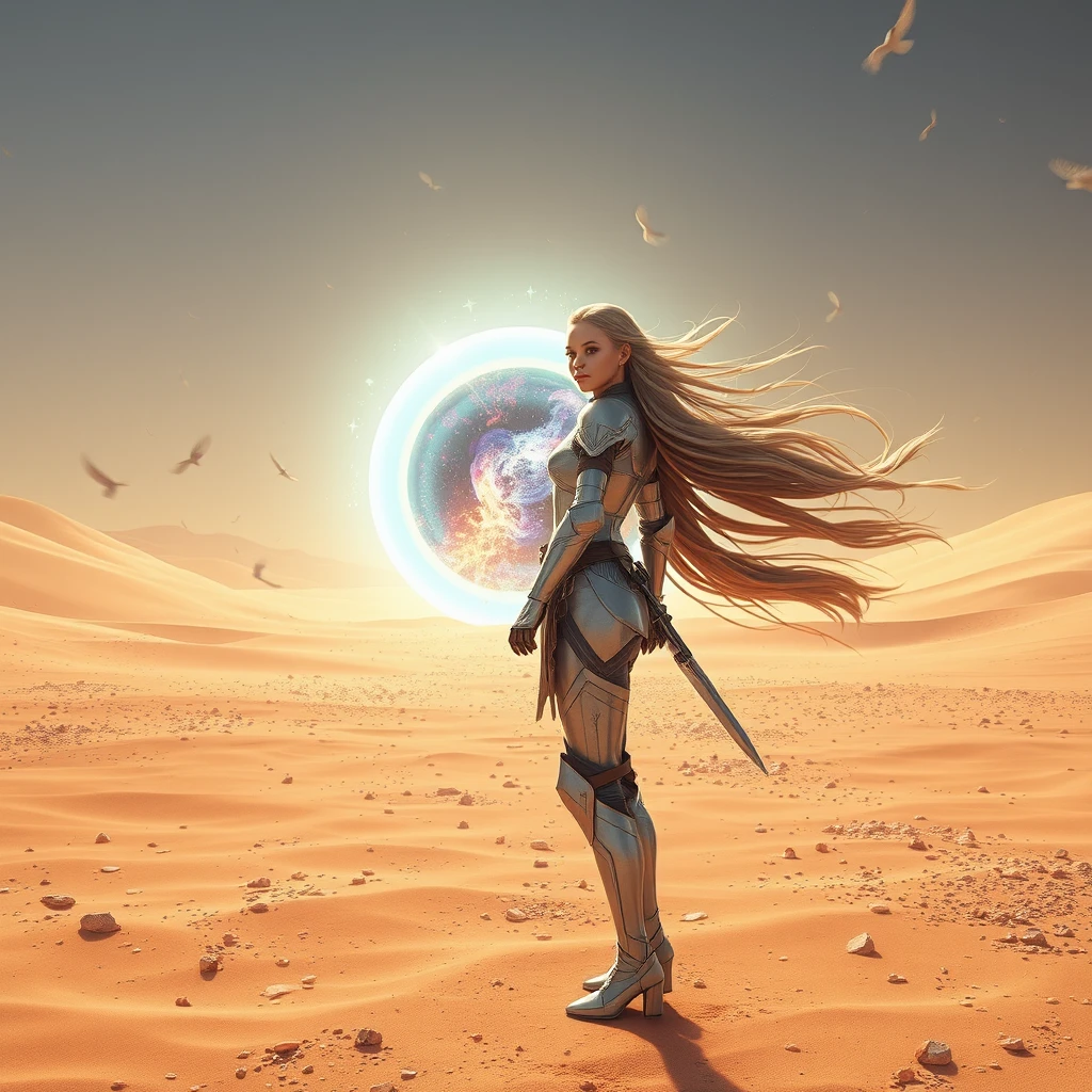 In a barren desert, the wind howls and the gravel flies. A girl dressed in silver tight armor stood with agile posture. Her long hair swayed in the wind, and her gaze was firm and sharp. Suddenly, a portal shining with a strange light appeared in the space ahead, containing a colorful flow of energy. Picas style, 3D rendering, ultra-high definition picture quality, 36k, -- niji 6.