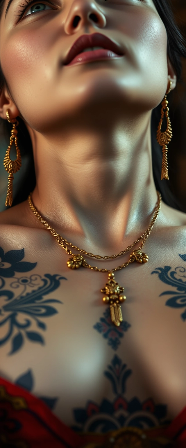 Close-up view of the tattooed chest of a Korean Indian woman with white skin, beautiful facial features, blue eyes, wearing gold ornaments, looking upwards. - Image