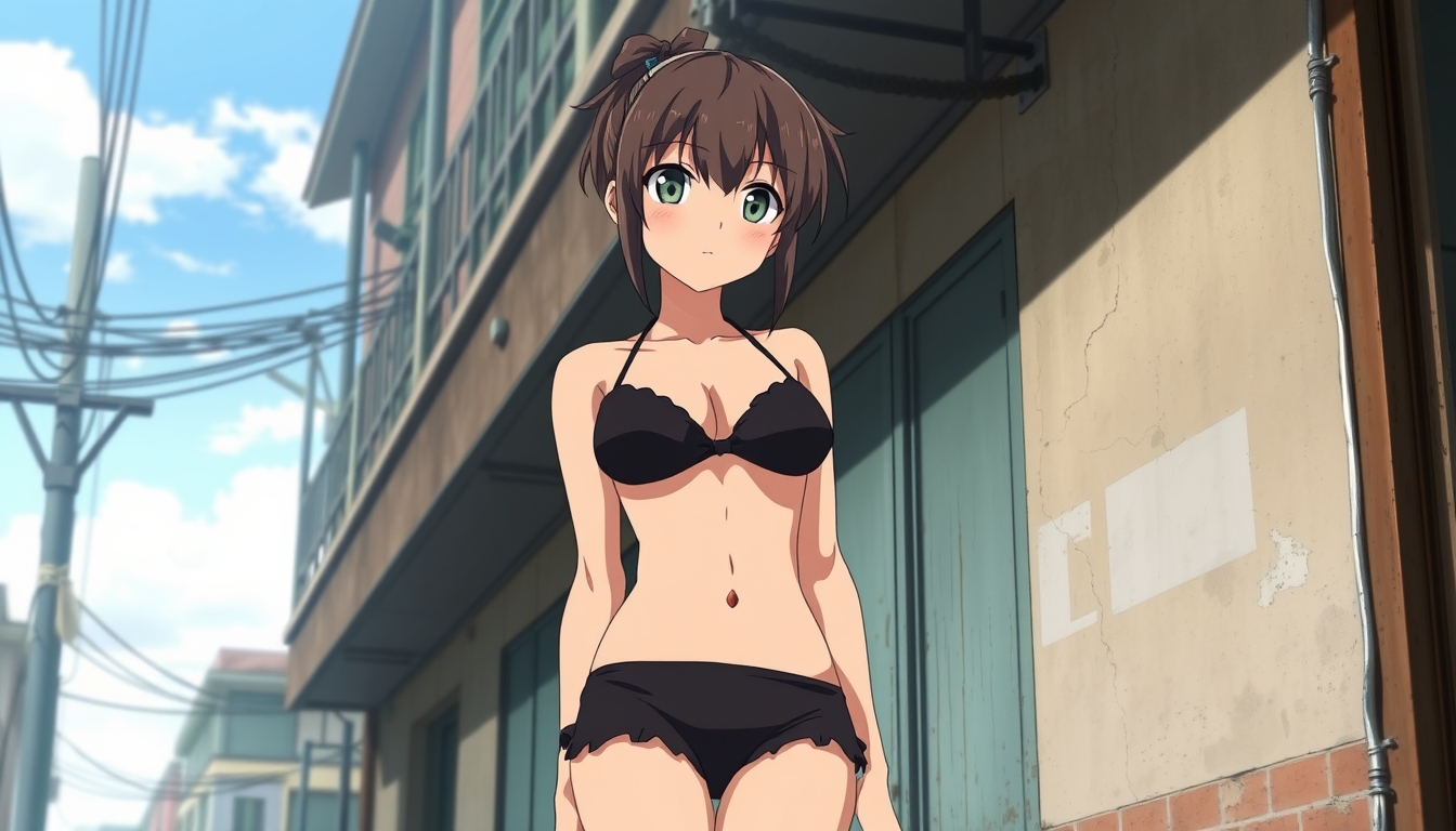 Anime style, tied hair brunette wearing a black bikini, 1949, old building.