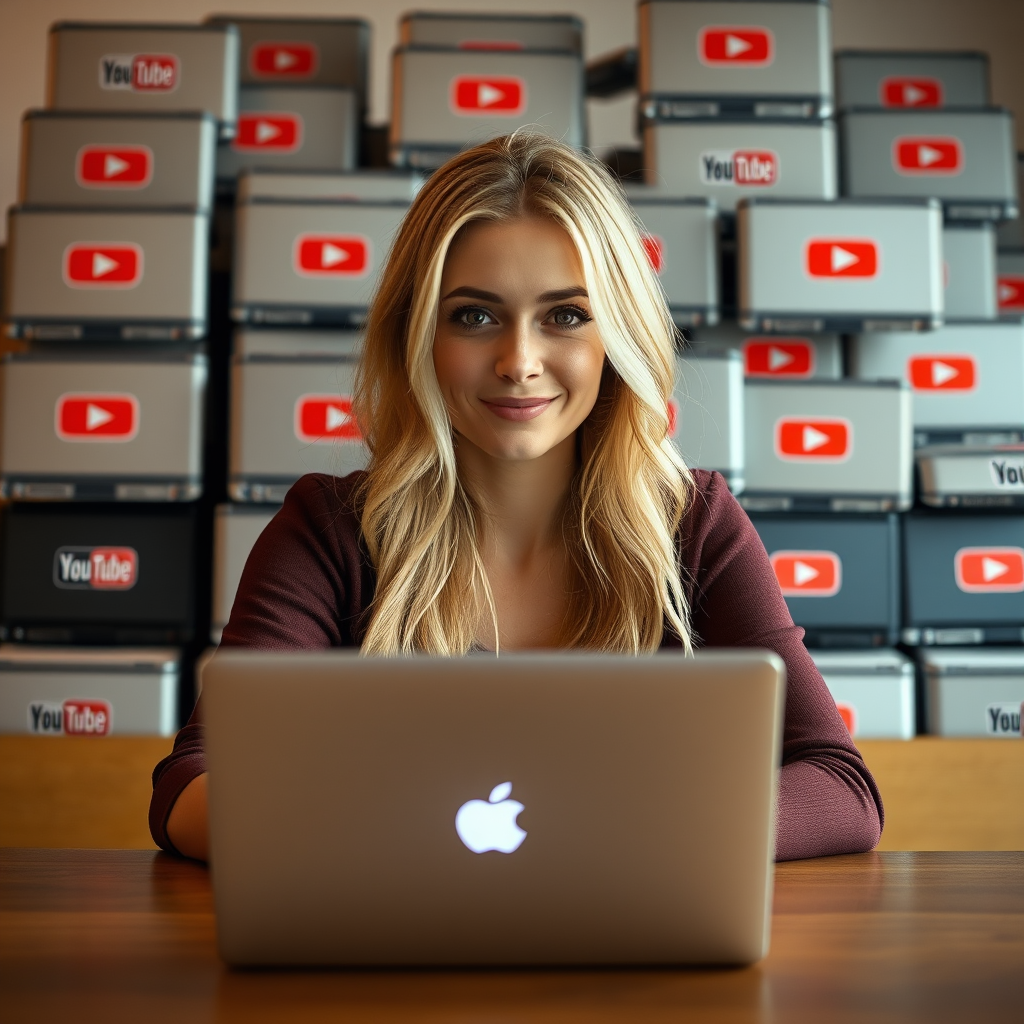 This is a cover for a YouTube video 16:9, a photograph of an adult blonde girl who is a blogger. She is sitting at a table in a portrait shot, with a mountain of laptops behind her featuring the YouTube logo, and the caption on the photo says "youtube end."