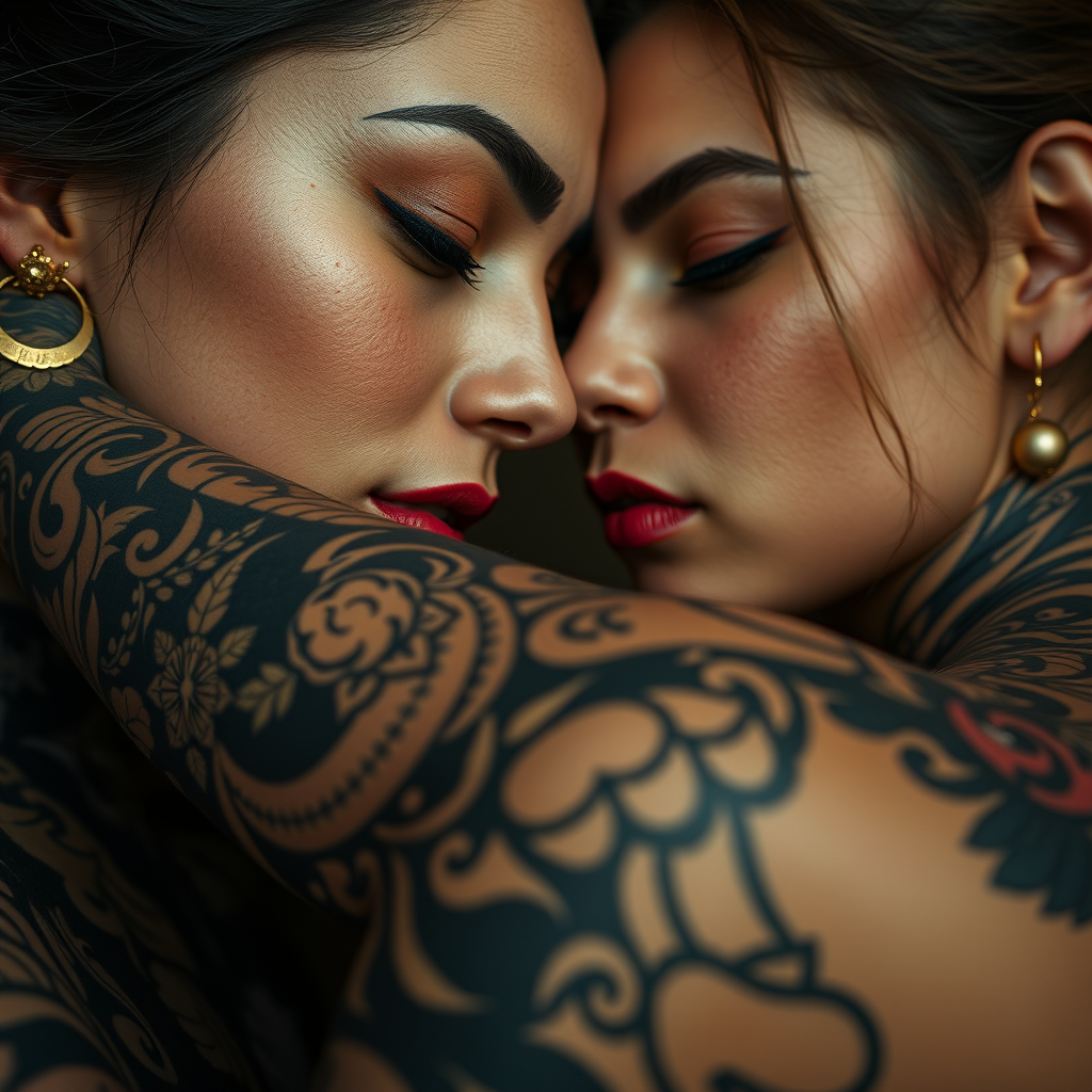 Closeup shot of two beautiful women covered with tattoos and golden ornaments hugging. - Image