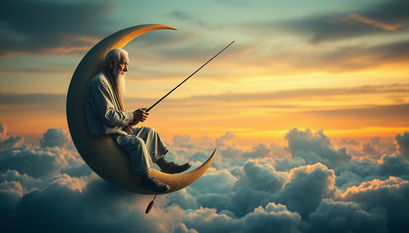 An old man sits serenely on a crescent moon, fishing among the clouds. The scene has an evening, tranquil atmosphere. It’s dreamy and whimsical. Deep depth of field, photography, National Geographic photo, hyper-realistic, 16k resolution, masterpiece, award-winning artwork, many details, extremely detailed, full of details, wide range of colors, high dynamic. - Image