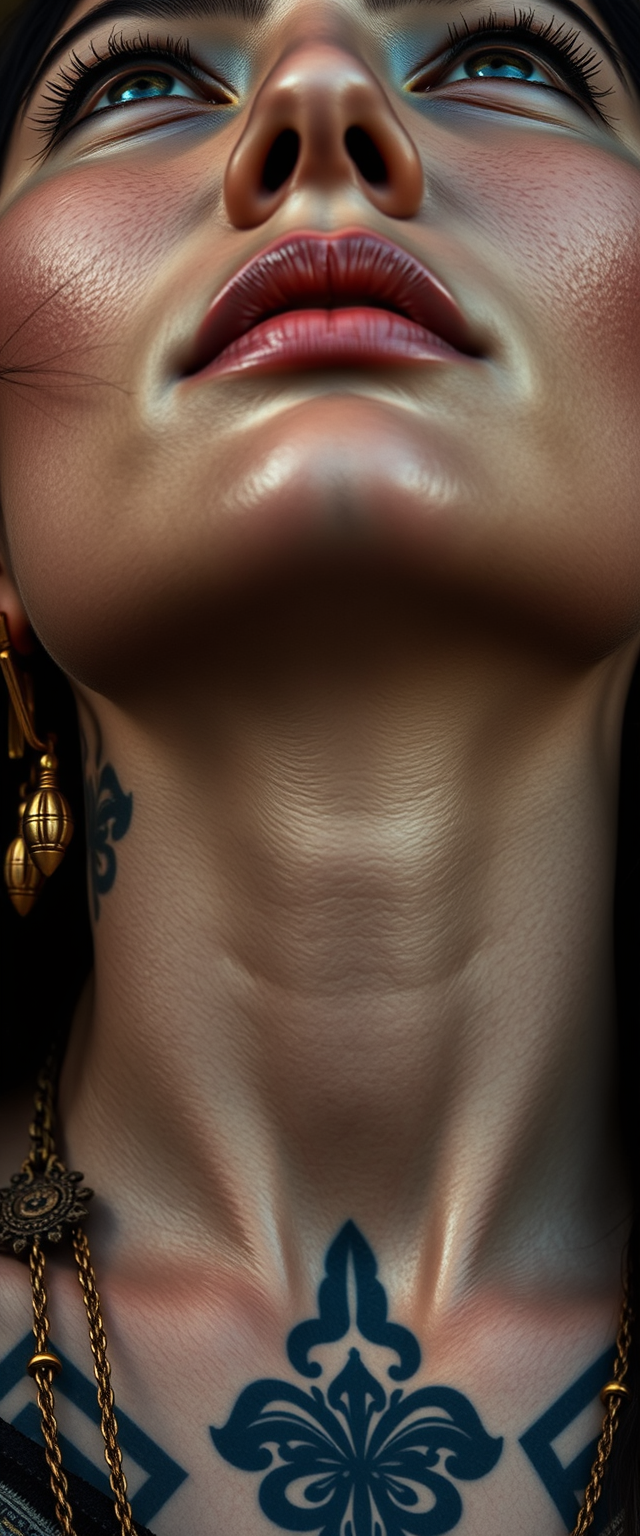 Close-up view of the tattooed neck of a Korean Indian woman with white skin, beautiful facial features, and blue eyes, wearing gold ornaments and looking up.