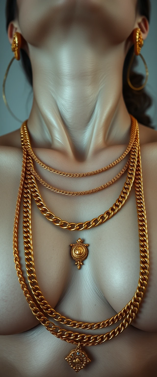 Close-up view of the neck of a goddess-like, highly muscular, tall, strictly white-skinned Indian woman wearing gold chains around her waist, chest, and neck, doing a yoga pose.