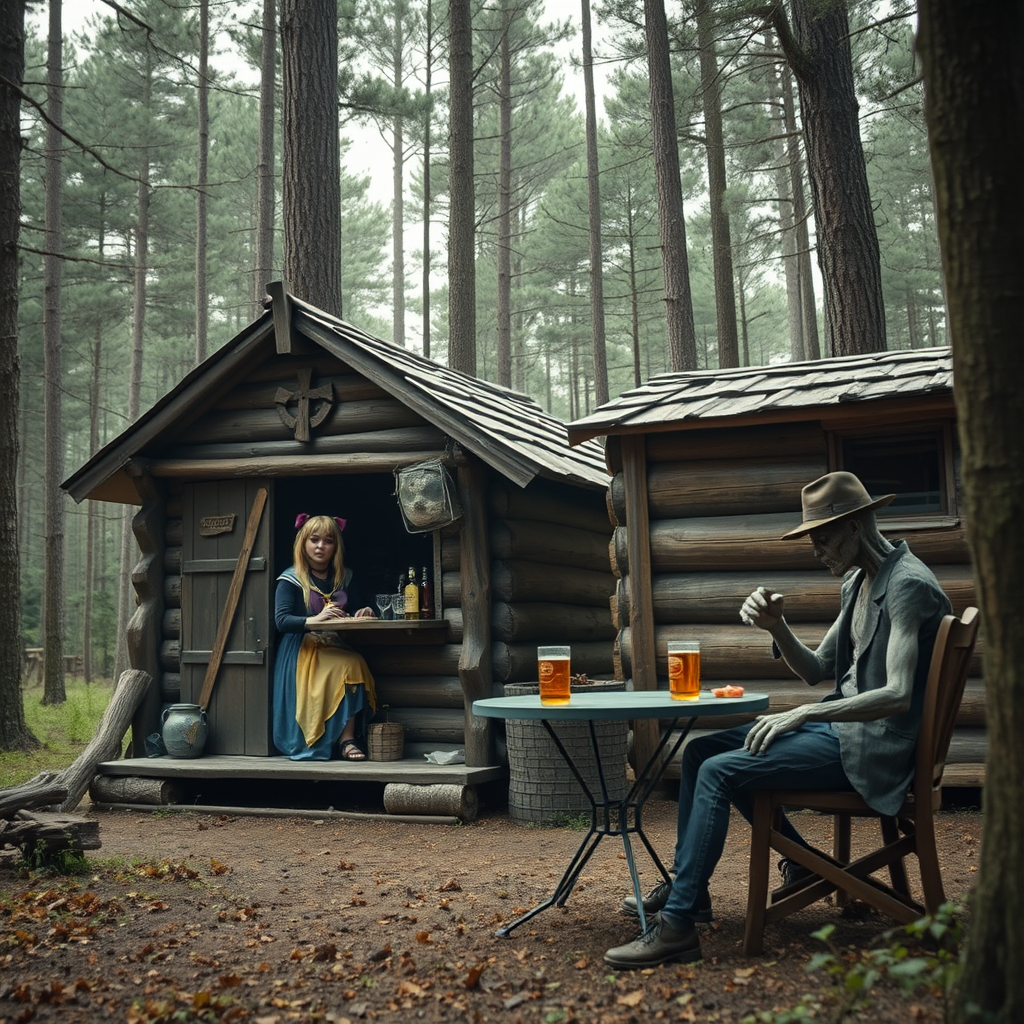 Real-life photography, long shot: In the forest, there is a wooden cabin where a female barbarian resembling Sailor Moon is selling alcohol, and a dressed zombie comes to buy some. Next to the cabin, there are a table and two chairs, with a zombie wearing a hat sitting and drinking.