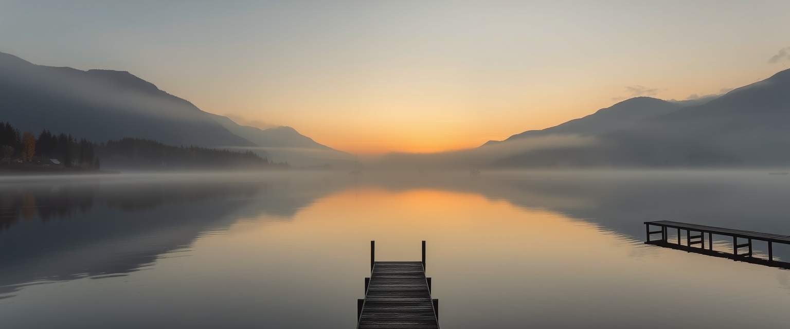 Tranquil, misty lake, surrounded by mountains, serene, high quality, photorealistic, reflection, peaceful, morning fog, autumn colors, wooden pier, fishing boats, sunrise, sunset, misty mountains.