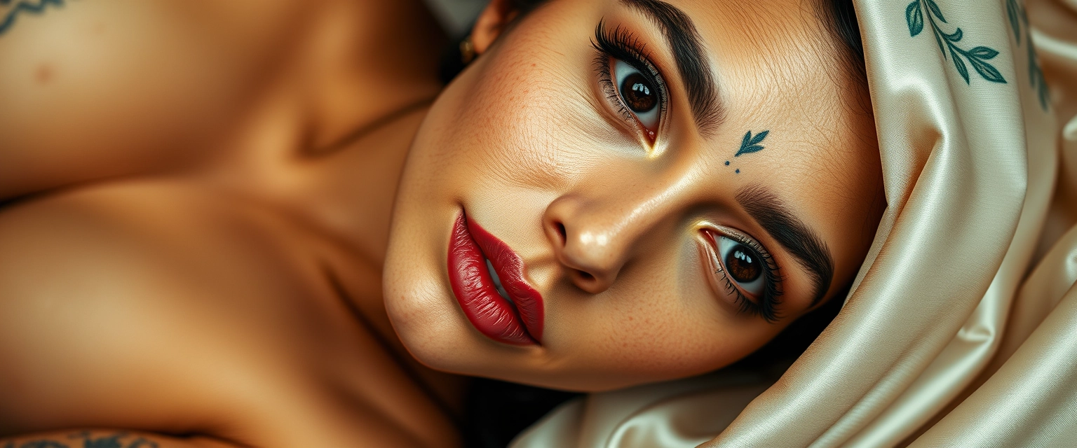 Close-up view of a beautiful traditional Indian Persian woman with white skin, muscular build, beautiful facial features, realistic skin, and a perfect body, heavily tattooed all over, lying covered with silk. - Image