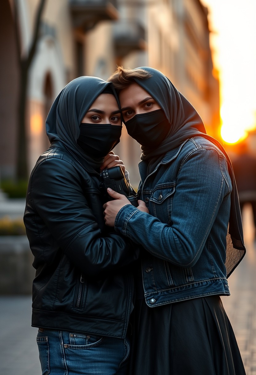 Jamie Dornan's head and body shot, handsome, black face mask, jeans jacket, jeans, dating, love couple, with the biggest grey hijab Muslim girl, black face mask, beautiful eyes, black leather jacket, biggest skirt, taking picture, DSLR canon camera, sunset, hyper realistic, street photography.