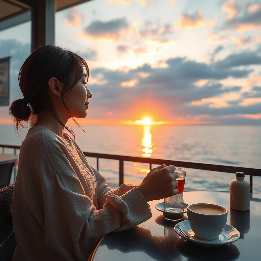 ☕ **Sunset Coffee**: "Korean woman at seaside café, aromatic coffee, watching sunset, sea and sky merging, tranquility, photorealistic style"