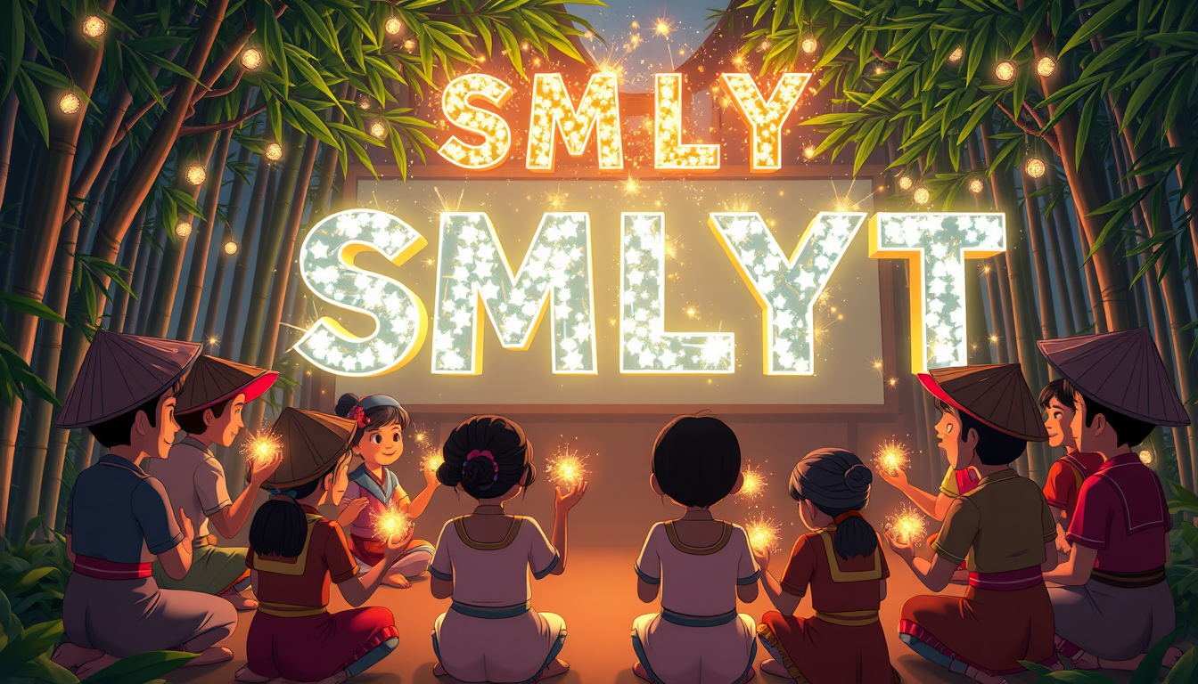 Cartoon style: Vietnamese villagers from various walks of life gather in a clearing surrounded by bamboo groves, facing a glowing screen. Firefly-like lights dance from their palms, converging to form a shimmering "SMLYT" above their heads. The letters are depicted in a bold, cartoon 3D style with exaggerated proportions and vibrant colors. Each letter appears to be made of a different material - metal, wood, crystal, and living plants - with animated textures that continuously shift and change.