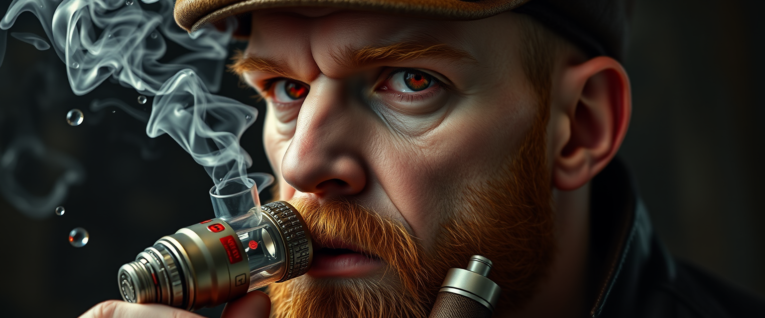 Hyper-realistic three-quarter portrait of a demonized white male, bald with meticulously detailed ginger stubble, donning a worn leather flatcap. Piercing red eyes gleam as he exhales dense, swirling vapor clouds from an intricately designed chrome vapemod. Iridescent e-liquid droplets suspended mid-air. - Image