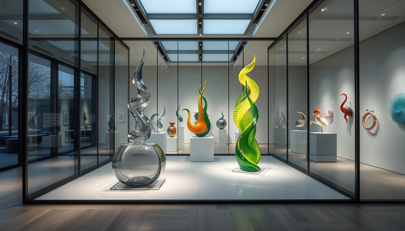 A modern art gallery with glass walls, showcasing contemporary glass sculptures.