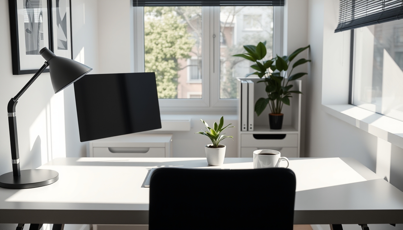 A sleek, modern home office setup bathed in natural light, with a single potted plant and a cup of coffee on the desk, emphasizing simplicity and productivity.