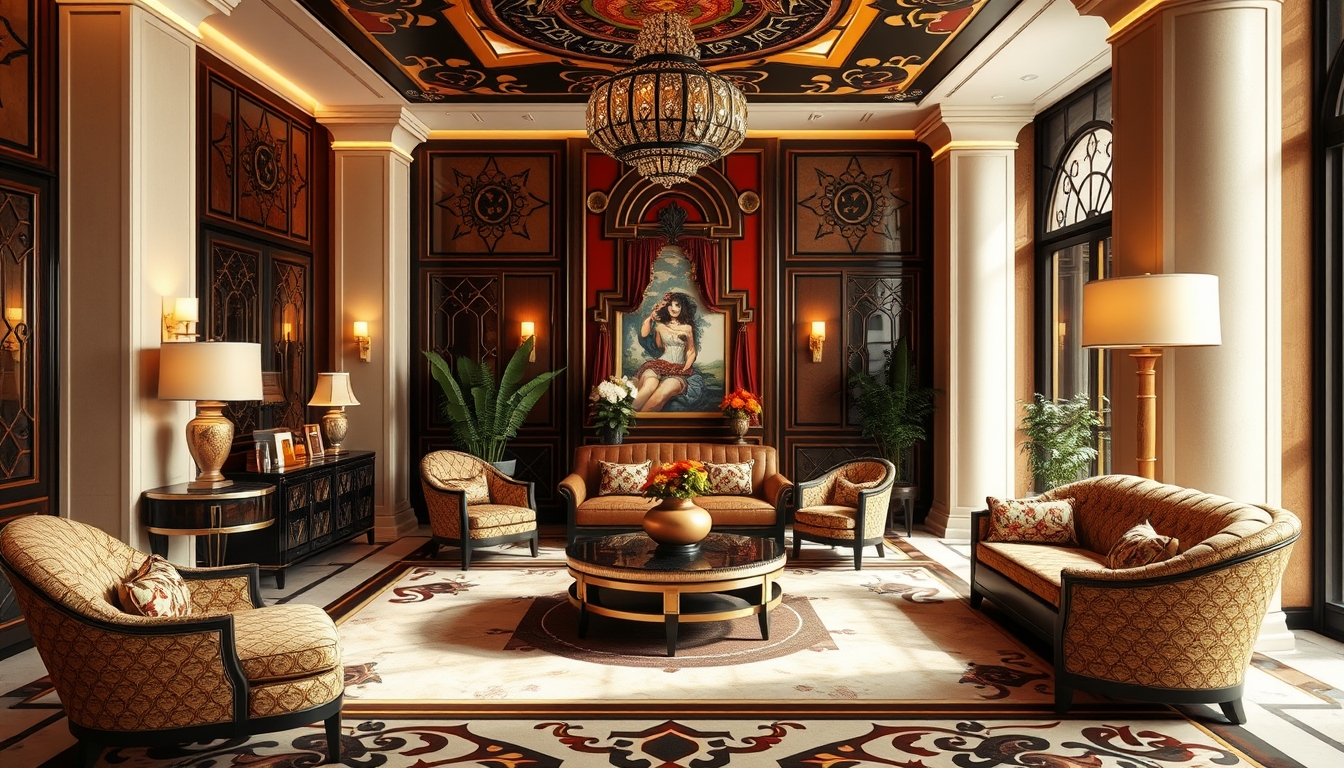 An interior scene of a luxurious room with Art Deco furniture, rich color palettes, and intricate geometric patterns. - Image