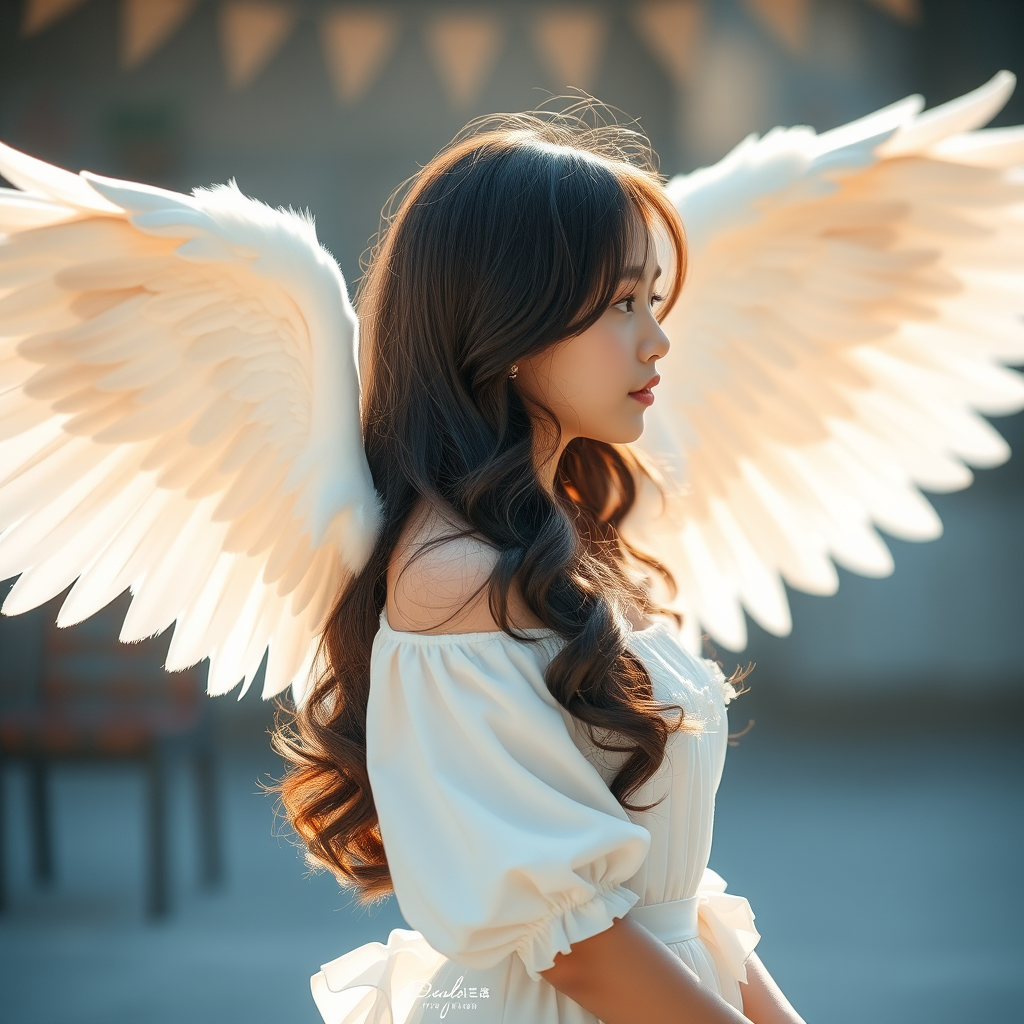 Korean idol girl angel, with long wavy hair, spreading big wings on her back, full body, side view, side lighting, background bokeh, super realistic, film look.