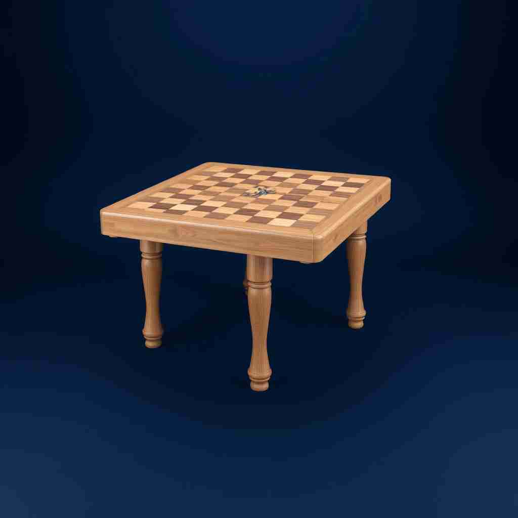 The image presents a 3D rendering of a board. The game board, made of wood, is the central focus of the image. It is a square board with a wooden top and a wooden bottom. The board has 4 legs. The board is set against a dark blue radial gradient background. - Image