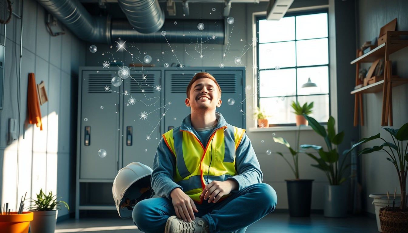 A serene and modern break room, designed for construction workers, bathed in soft natural light. A construction worker, wearing a reflective vest and helmet placed aside, sits comfortably, eyes closed, with a serene smile on their face, exuding relaxation. Representations of negative ions are depicted as gentle light sparkles and transparent waves emanating from a locker around the construction worker, suggesting a sense of calm and air purification. Industrial elements like steel beams and tools blend with green plants and natural decor to add a touch of nature and freshness. The overall ambiance is minimalist and sophisticated, with dominant blue and green tones to represent technology and nature. - Variations (Strong) by @nico313_ (fast)