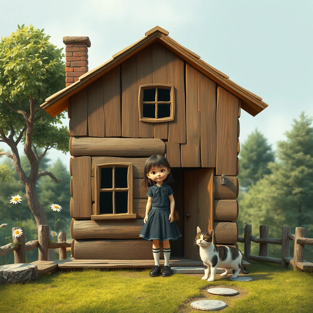 "There is a wooden house, a schoolgirl in a skirt, and a cat."