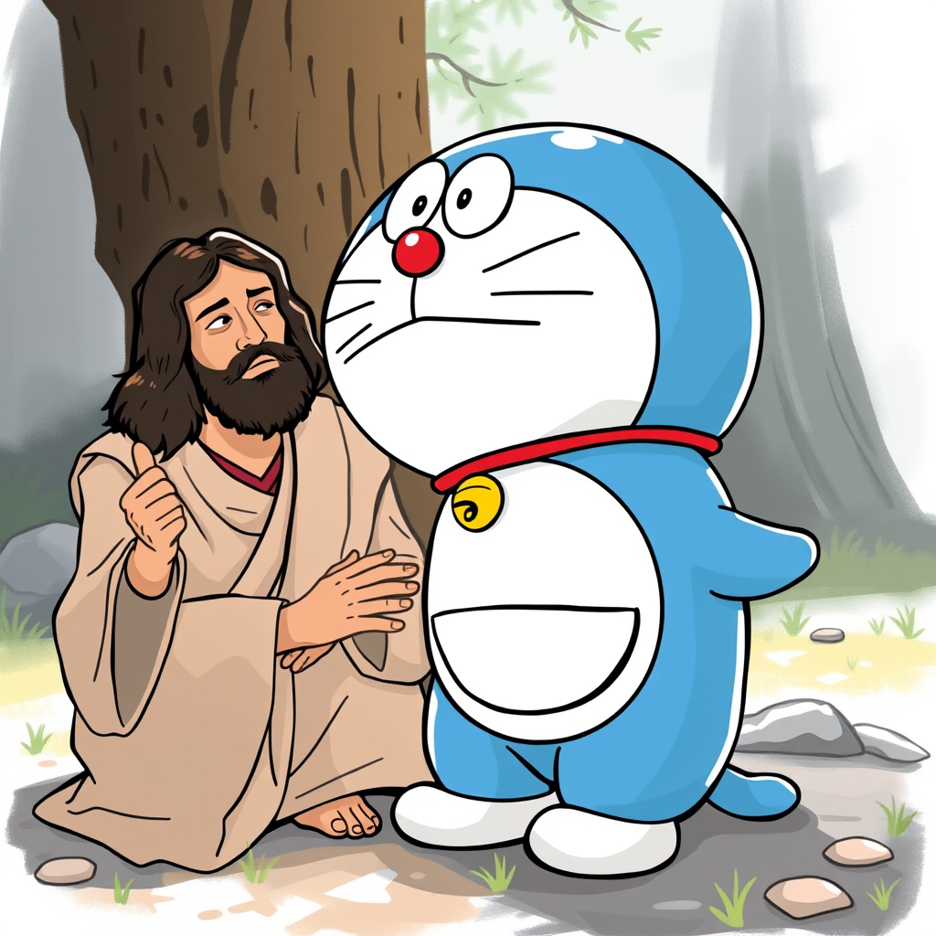 Jesus meets Doraemon.