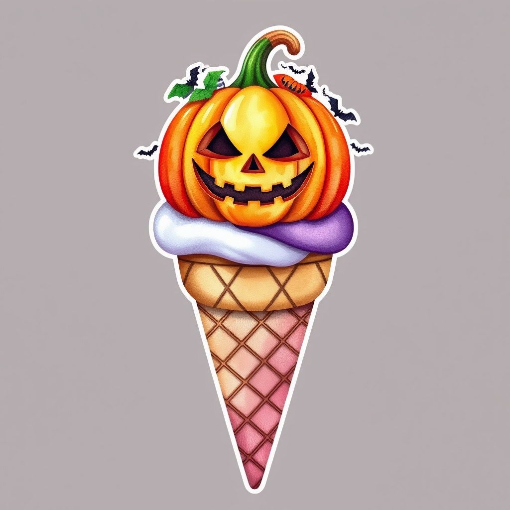 Ice cream cone, topped with Halloween-themed pumpkin face, spooky decorations, Watercolor style. - Image