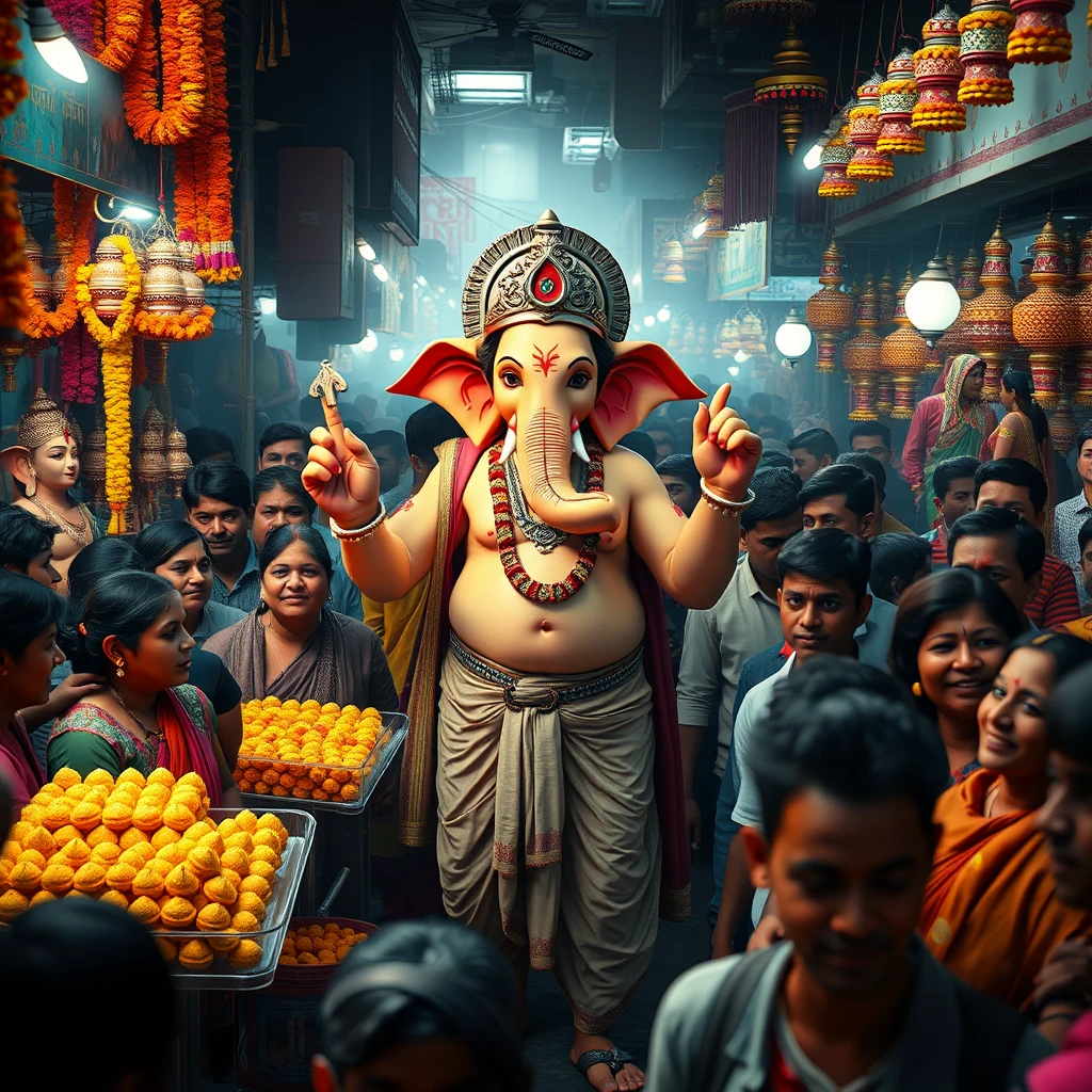 Create a 4K image using Unreal Engine, depicting Lord Ganesha as a real human god in the midst of a dense, bustling Indian market. Ganesha should be the same height as the surrounding people, blending seamlessly into the crowd, yet his divine presence subtly stands out. He is dressed in a blend of traditional dhoti and modern attire, with his human-like features reflecting a calm and joyful demeanor.

The market is alive with vibrant stalls selling marigold garlands, clay idols, sweets, and colorful decorations. The air carries a hint of dust, adding a layer of realism to the scene. People around him are frozen in a moment of surprise and awe, some smiling, others wide-eyed as they recognize the god among them. The vibrant colors of the market, the rich textures, and the interplay of light and shadow should be rendered in stunning detail, capturing the essence of an authentic Indian market with a touch of the divine.

Include subtle details like Ganesha reaching out for fresh flowers, examining the finest modaks, while the vendors and shoppers are caught off guard, their expressions a mix of reverence and disbelief. The overall atmosphere should be a blend of the divine and the everyday, creating a captivating and immersive scene. people looking at ganesha. - Image